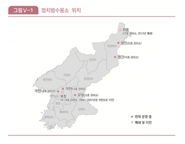 全国に5箇所ある政治犯収容所の位置を示した図（赤丸。白丸は閉鎖）。韓国の国策シンクタンク・統一研究院の報告書『北朝鮮人権白書2018』より引用。