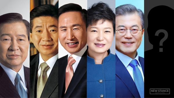 98年以降の歴代韓国大統領。進歩派から3人（金大中、盧武鉉、文在寅）、保守派から2人（李明博、朴槿惠）だ。本紙作成。